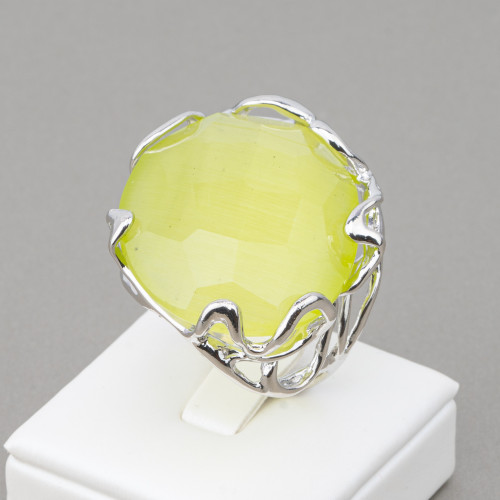 Bronze Ring With Irregular Cat's Eye 28x32mm Adjustable Size Rhodium Plated Lime Yellow