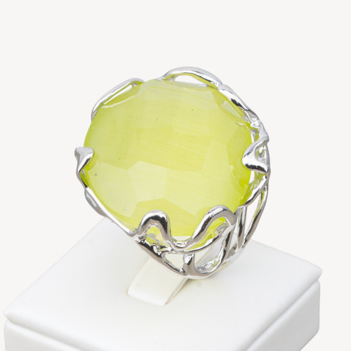 Bronze Ring With Irregular Cat's Eye 28x32mm Adjustable Size Rhodium Plated Lime Yellow