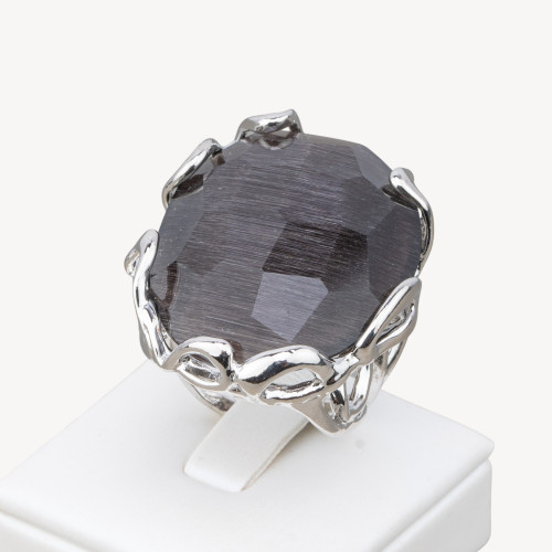 Bronze Ring With Irregular Cat's Eye 28x32mm Adjustable Size Rhodium Plated Dark Gray