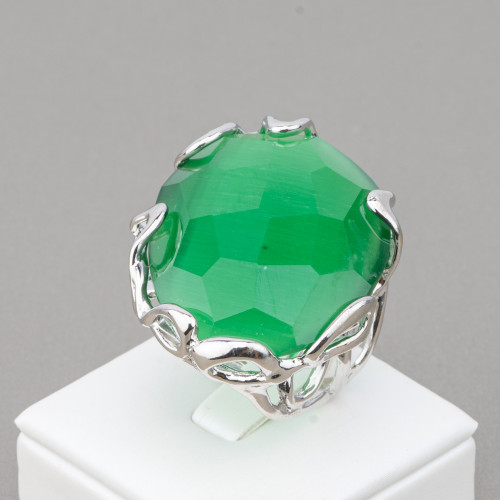 Χάλκινο δαχτυλίδι με ακανόνιστο μάτι γάτας 28x32mm Ρυθμιζόμενο μέγεθος Πράσινο επιμεταλλωμένο