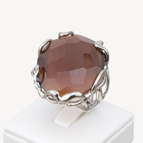 Bronze Ring With Irregular Cat's Eye 28x32mm Adjustable Size Rhodium Plated Dark Brown