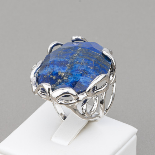 Bronze Ring With Irregular Natural Stone 28x32mm Adjustable Size Rhodium Plated Lapis Lazuli