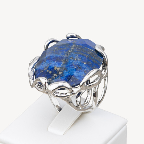 Bronze Ring With Irregular Natural Stone 28x32mm Adjustable Size Rhodium Plated Lapis Lazuli