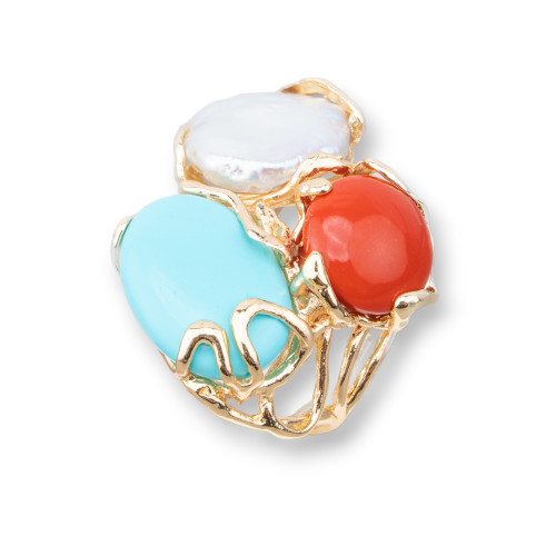 Bronze Ring With Semi-precious Stones 32x36mm Adjustable Size Golden Mix Pearl Turquoise And Coral