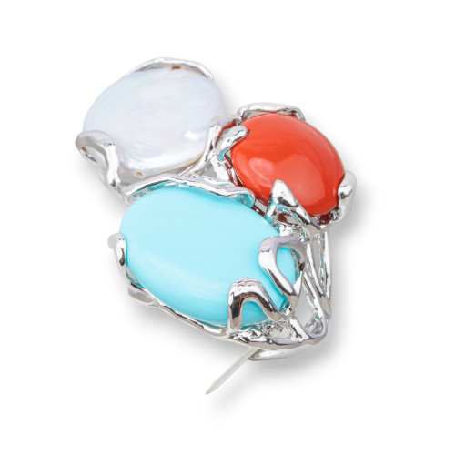 Bronze Ring With Semi-precious Stones 32x36mm Adjustable Size Rhodium Mix Pearl Turquoise And Coral