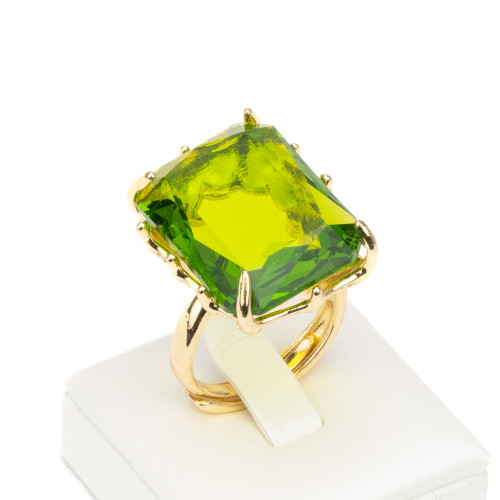 Anillo de Bronce con Cristales de Cabujón CZ Rectángulo 18x25mm Peridoto de Tamaño Ajustable