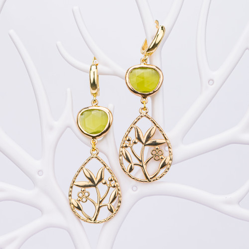 Bronze Stud Earrings With Cat's Eye Cabochon And Acid Green Leaf Pattern Drop Pendant