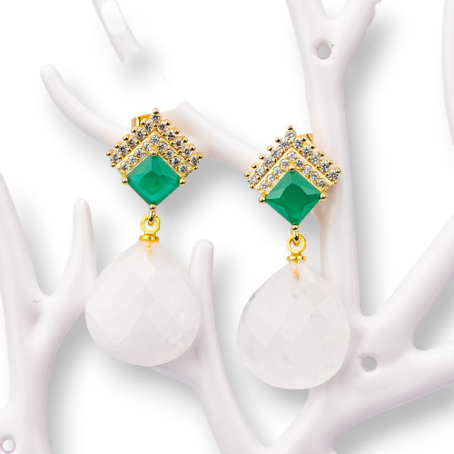 Bronze Stud Earrings With Semi-precious Stones 16x38mm White Jade
