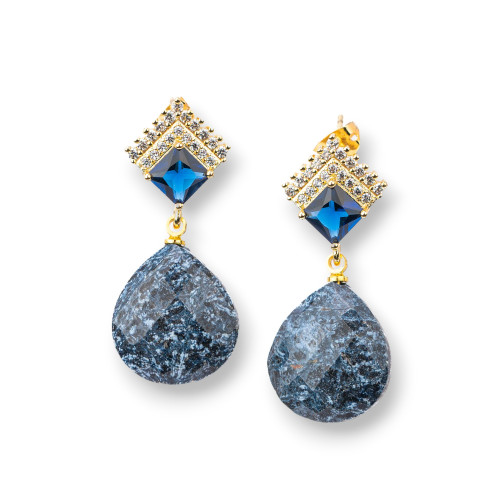 Bronze Stud Earrings With Semi-precious Stones 16x38mm Obsidian