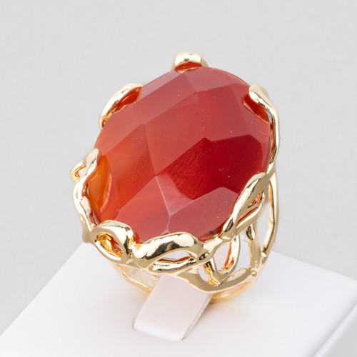 Bronze Ring With Irregular Natural Stone 28x32mm Adjustable Size Golden Oval Carnelian