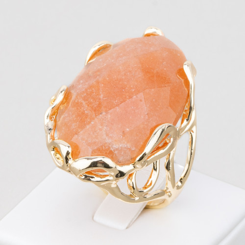 Anillo De Bronce Con Piedra Natural Irregular 28x32mm Tamaño Ajustable Eosita Oval Dorada