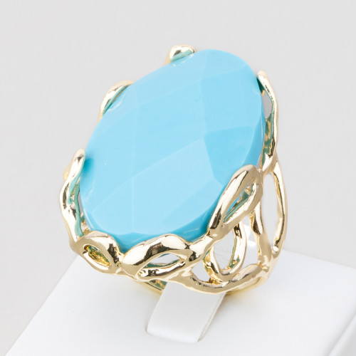 Bronze Ring With Irregular Natural Stone 28x32mm Adjustable Size Golden Oval Turquoise Paste