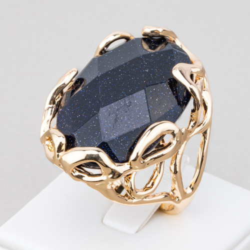 Bronze Ring With Irregular Natural Stone 28x32mm Adjustable Size Golden Oval Blue Sun Stone Synt