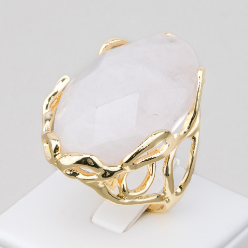 Bronze Ring With Irregular Natural Stone 28x32mm Adjustable Size Golden Oval Rose Quartz