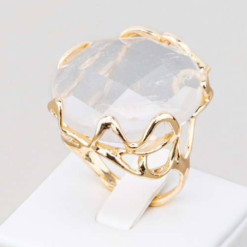 Χάλκινο δαχτυλίδι με ακανόνιστη φυσική πέτρα 28x32mm Ρυθμιζόμενο μέγεθος Golden Round Rock Crystal