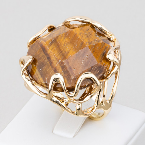 Bronze Ring With Irregular Natural Stone 28x32mm Adjustable Size Golden Round Tiger Eye
