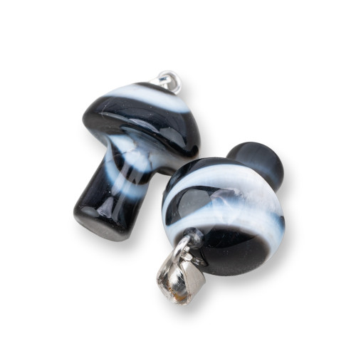 Semi-precious stone pendant in the shape of a mushroom 15x30mm 4pcs Striated black agate
