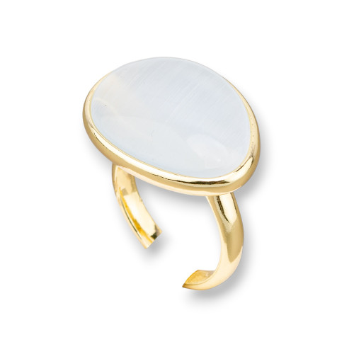 Χάλκινο Δαχτυλίδι με Γατίσιο Σετ Λείο Μάνγκο 18x26mm Λευκό Χρυσό