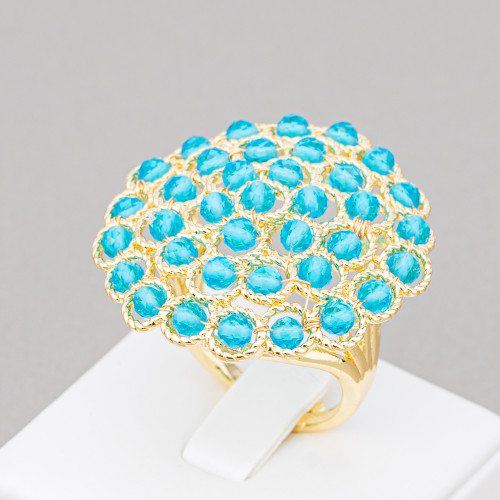 Bronze Ring With Linked Beads 30mm Adjustable Size Golden Blue