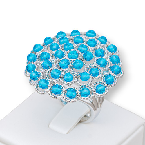 Bronze Ring With Linked Beads 30mm Adjustable Size Rhodium Plated Light Blue