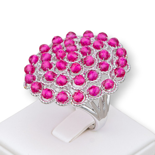 Bronze Ring With Linked Beads 30mm Adjustable Size Rhodium Plated Fuchsia