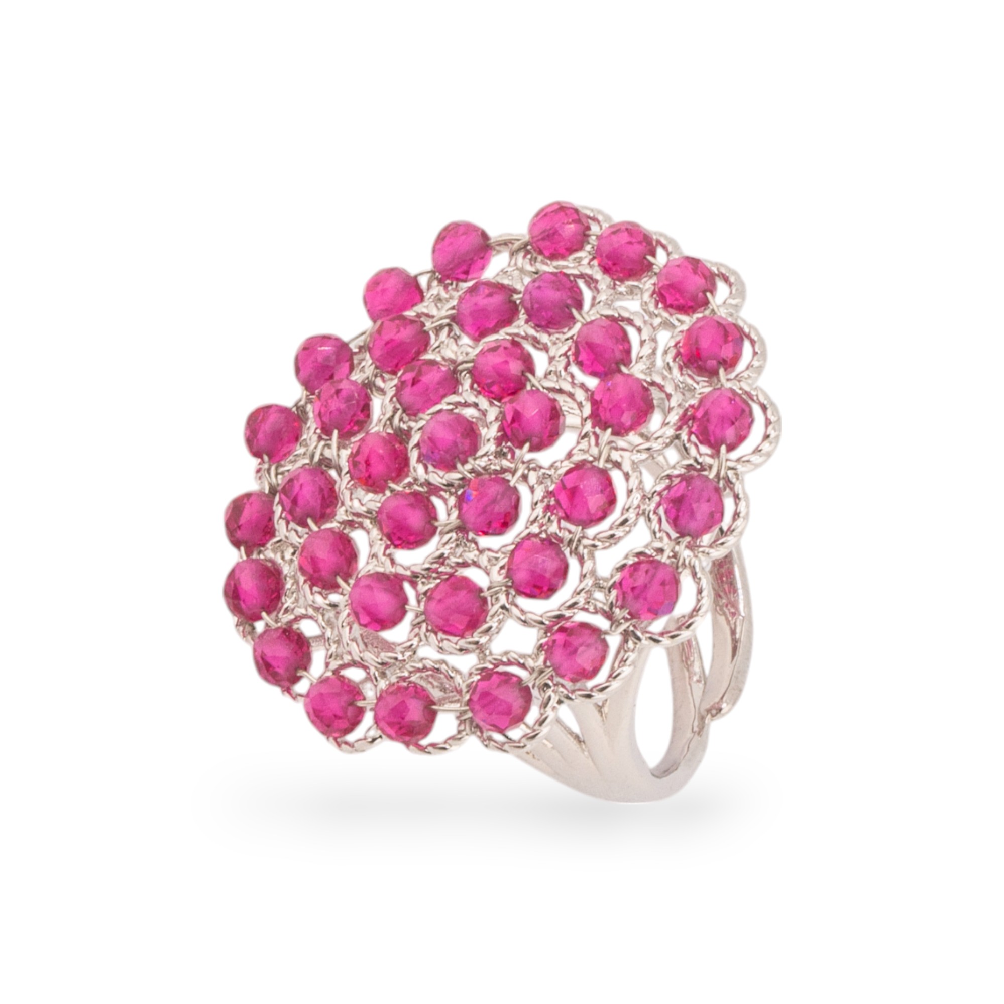 Anello Di Bronzo Con Perline Ammagliate 30mm Misura Regolabile Rodiato Fucsia