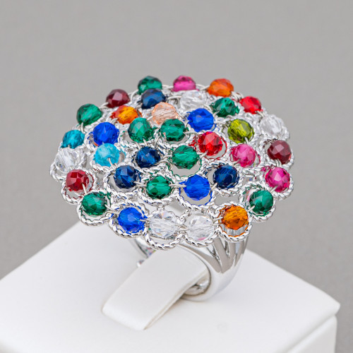Bronze Ring With Linked Beads 30mm Adjustable Size Rhodium Plated Multicolor