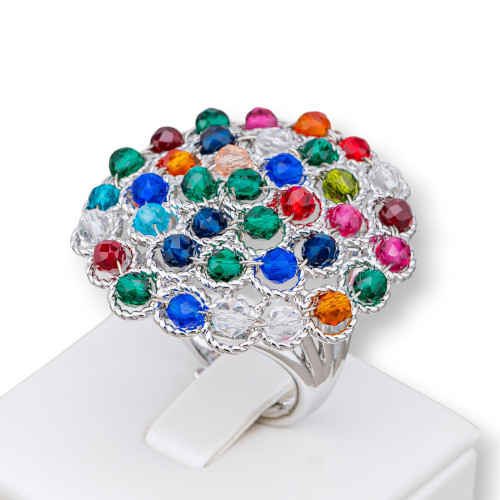 Bronze Ring With Linked Beads 30mm Adjustable Size Rhodium Plated Multicolor