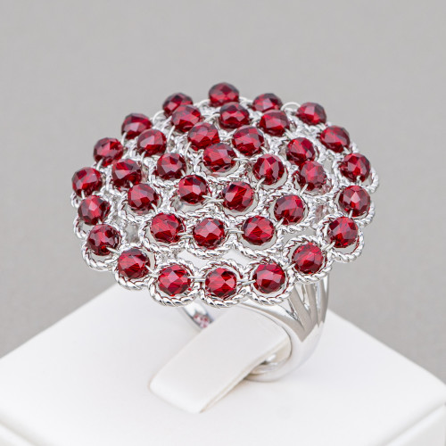 Bronze Ring With Linked Beads 30mm Adjustable Size Ruby Red Rhodium Plated