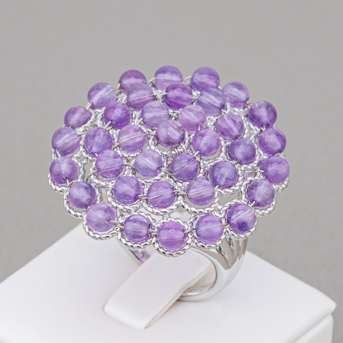 Bronze Ring With Gemstone Beads 30mm Adjustable Size Rhodium Plated Amethyst Lavender