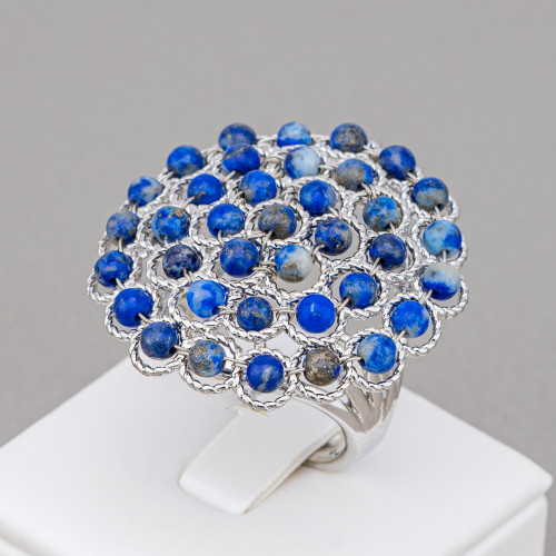 Bronze Ring With Gemstone Beads 30mm Adjustable Size Rhodium Plated Lapis Lazuli