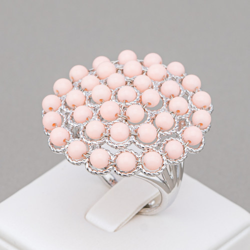 Bronze Ring With Semi-precious Stone Beads 30mm Adjustable Size Rhodium-plated Pink Coral Paste