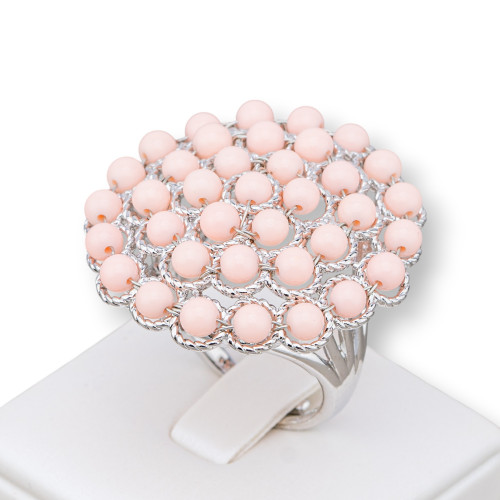 Bronze Ring With Semi-precious Stone Beads 30mm Adjustable Size Rhodium-plated Pink Coral Paste