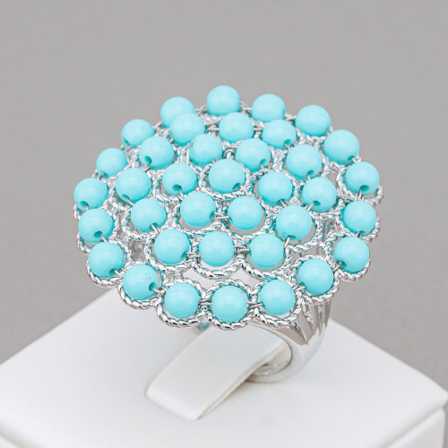 Bronze Ring With Semi-precious Stone Beads 30mm Adjustable Size Rhodium-plated Turquoise Paste