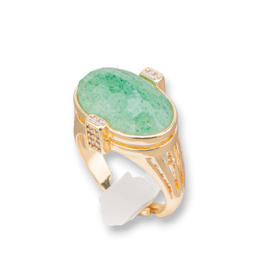 Bague en bronze avec pierres semi-précieuses et zircons sertie ovale 18x18mm taille réglable Aventurine verte dorée