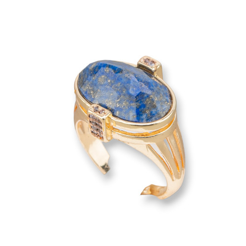 Bronze Ring With Semi-precious Stones And Zircons Set Oval 18x18mm Adjustable Size Golden Lapis Lazuli