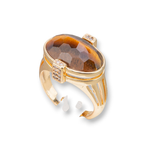 Bague en bronze avec pierres semi-précieuses et zircons sertie ovale 18x18mm taille réglable oeil de tigre doré