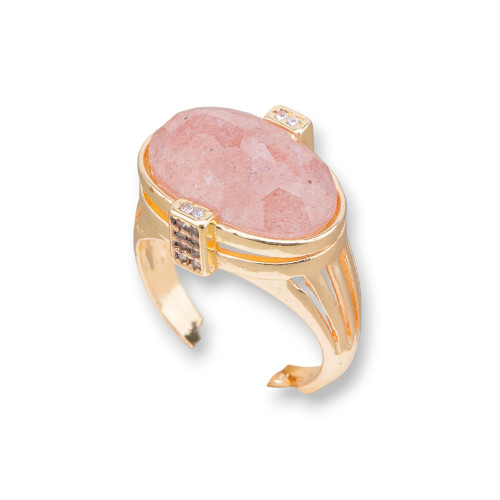 Bronze Ring With Semi-precious Stones And Zircons Set Oval 18x18mm Adjustable Size Golden Pink Moonstone