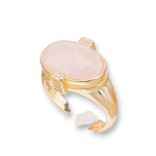 Bague en bronze avec pierres semi-précieuses et zircons sertie ovale 18x18mm taille réglable Quartz rose doré