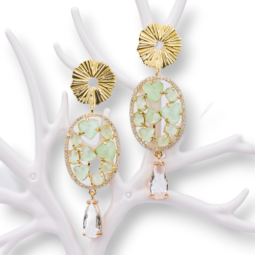 Χάλκινα καρφωτά σκουλαρίκια με Cat's Eye Cabochon και ζιργκόν και πράσινες σταγόνες