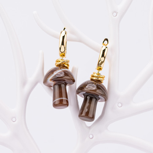 Boucles d'oreilles clous en bronze avec pendentifs en pierre de champignon d'agate rayée marron