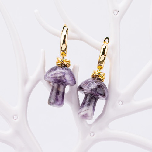 Bronze Stud Earrings With Amethyst Mushroom Stone Pendants