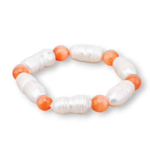 08mm Cat's Eye Elastic Bracelet With Orange River Pearls