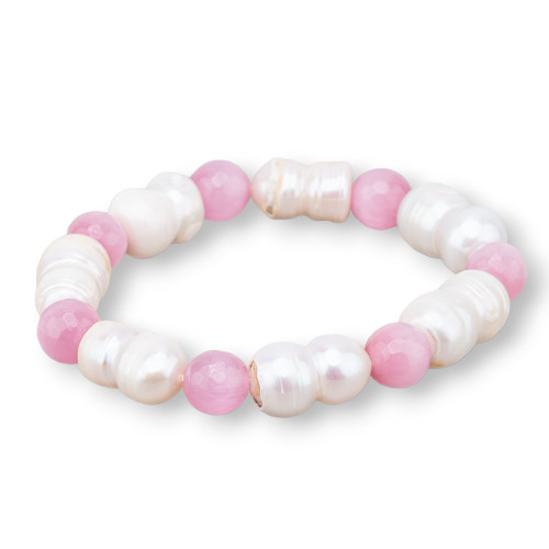 08mm Cat's Eye Elastic Bracelet With Pink River Pearls