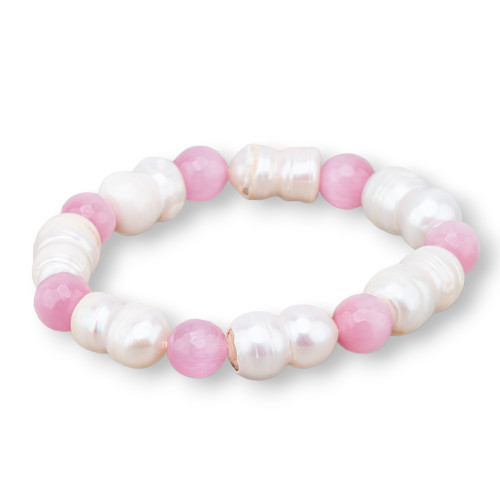 Bracciale Elastico Di Occhio Di Gatto 08mm Con Perle Di Fiume Rosa