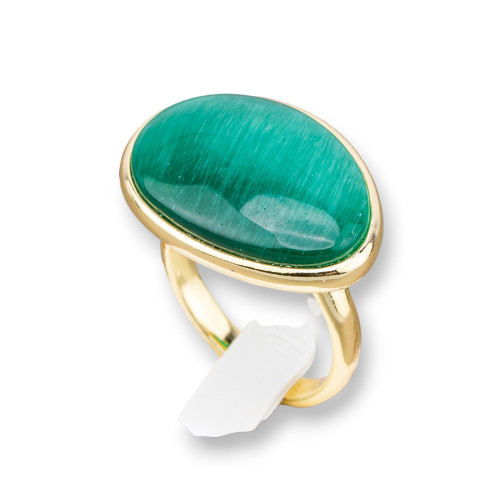 Χάλκινο Δαχτυλίδι με Γατίσιο Σετ Λείο Μάνγκο 18x26mm Χρυσό Σμαραγδένιο Πράσινο