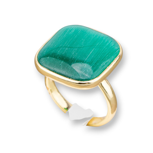 Bronze Ring with Cat's Eye Set Smooth Square 22mm Gold Plated Emerald Green