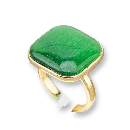 Anello Di Bronzo Con Occhio Di Gatto Incastonato Quadrato Liscio 22mm Dorato Verde Chiaro