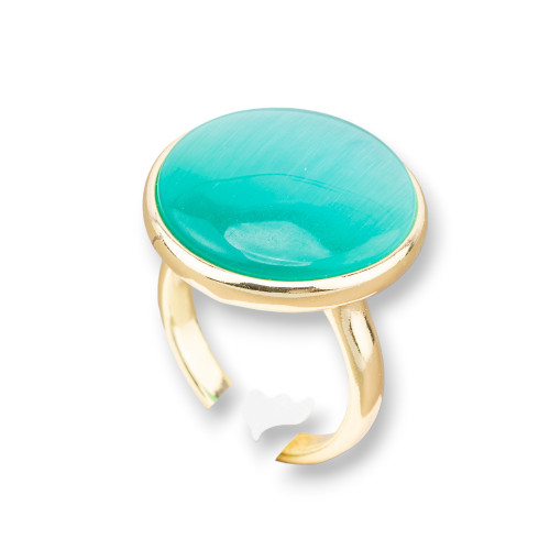 Bronze Ring With Cat's Eye Set Smooth Round 22mm Golden Aqua