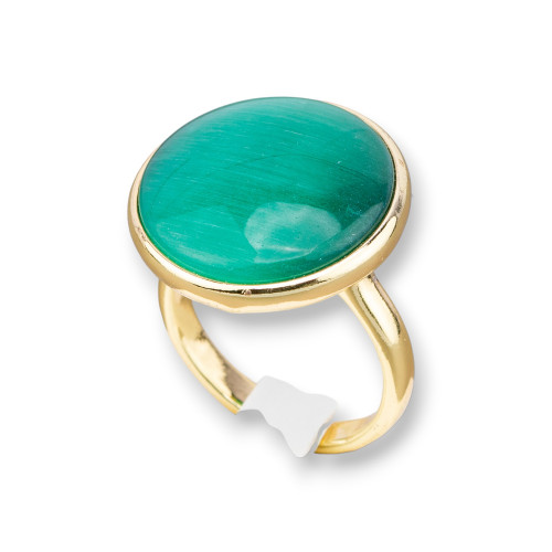 Anello Di Bronzo Con Occhio Di Gatto Incastonato Tondo Liscio 22mm Dorato Verde Smeraldo